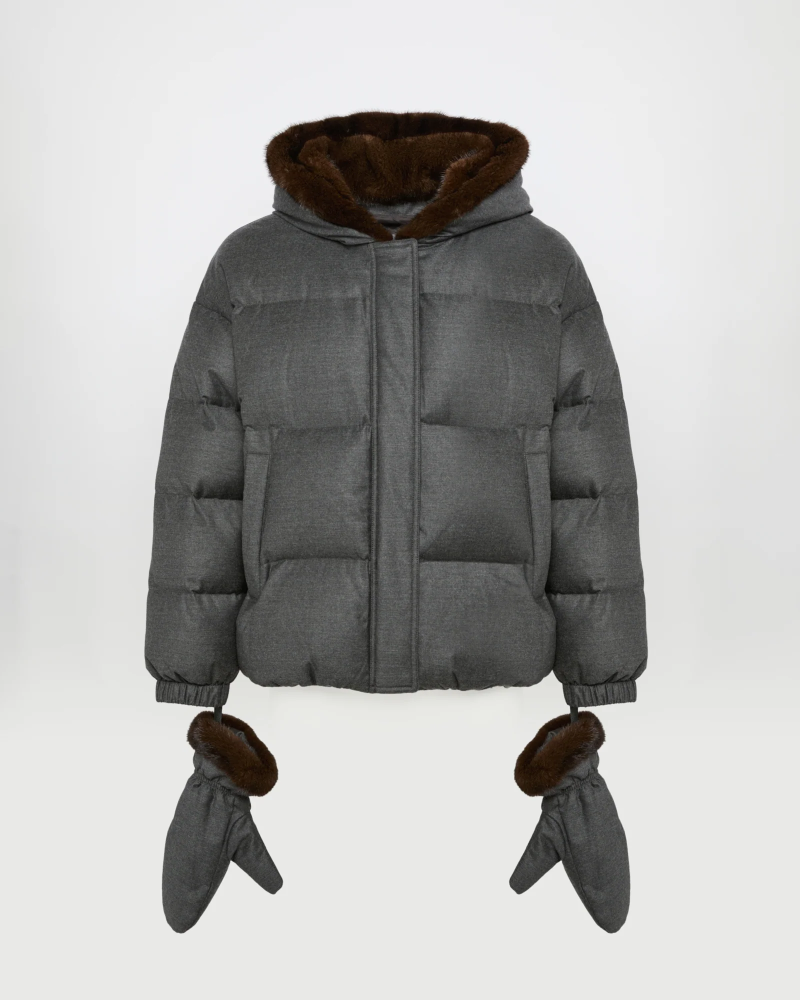 Doudoune courte en tissu Loro Piana à capuche avec intérieur en fourrure de vison et moufles amovibles - Image 5