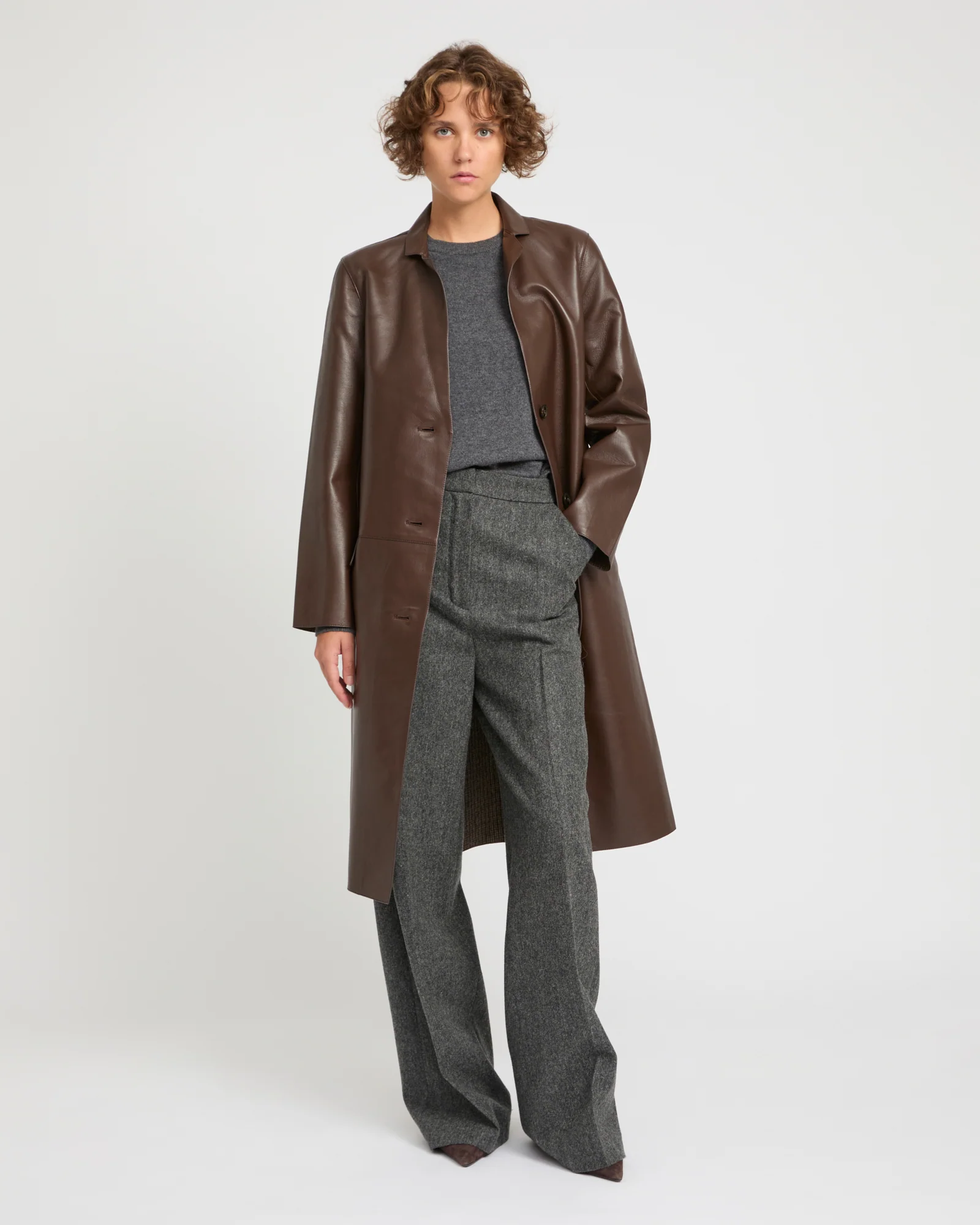 Manteau droit en cuir d'agneau doublé tissu motif pied-de-poule - Image 3