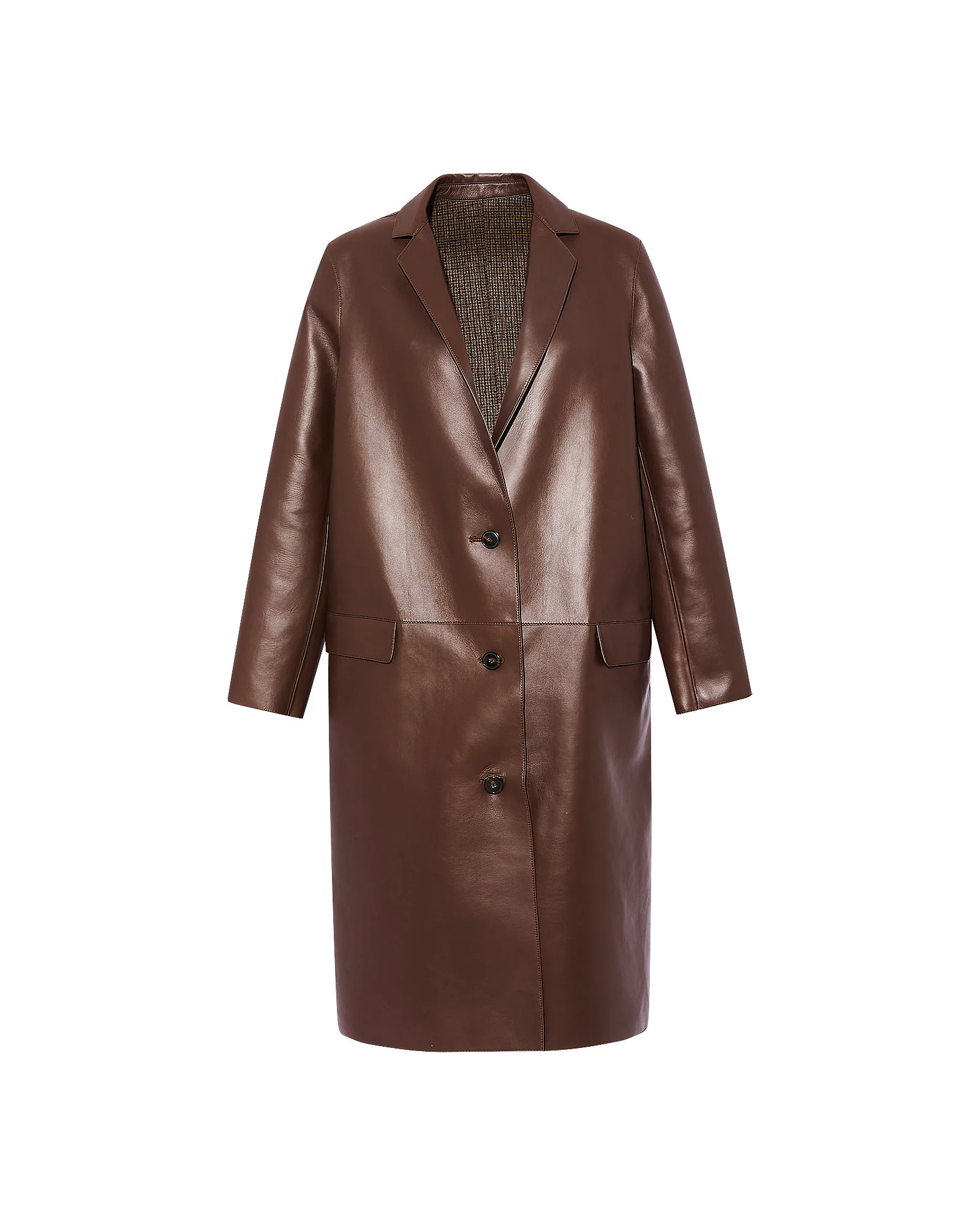Manteau droit en cuir d'agneau doublé tissu motif pied-de-poule - Image 5
