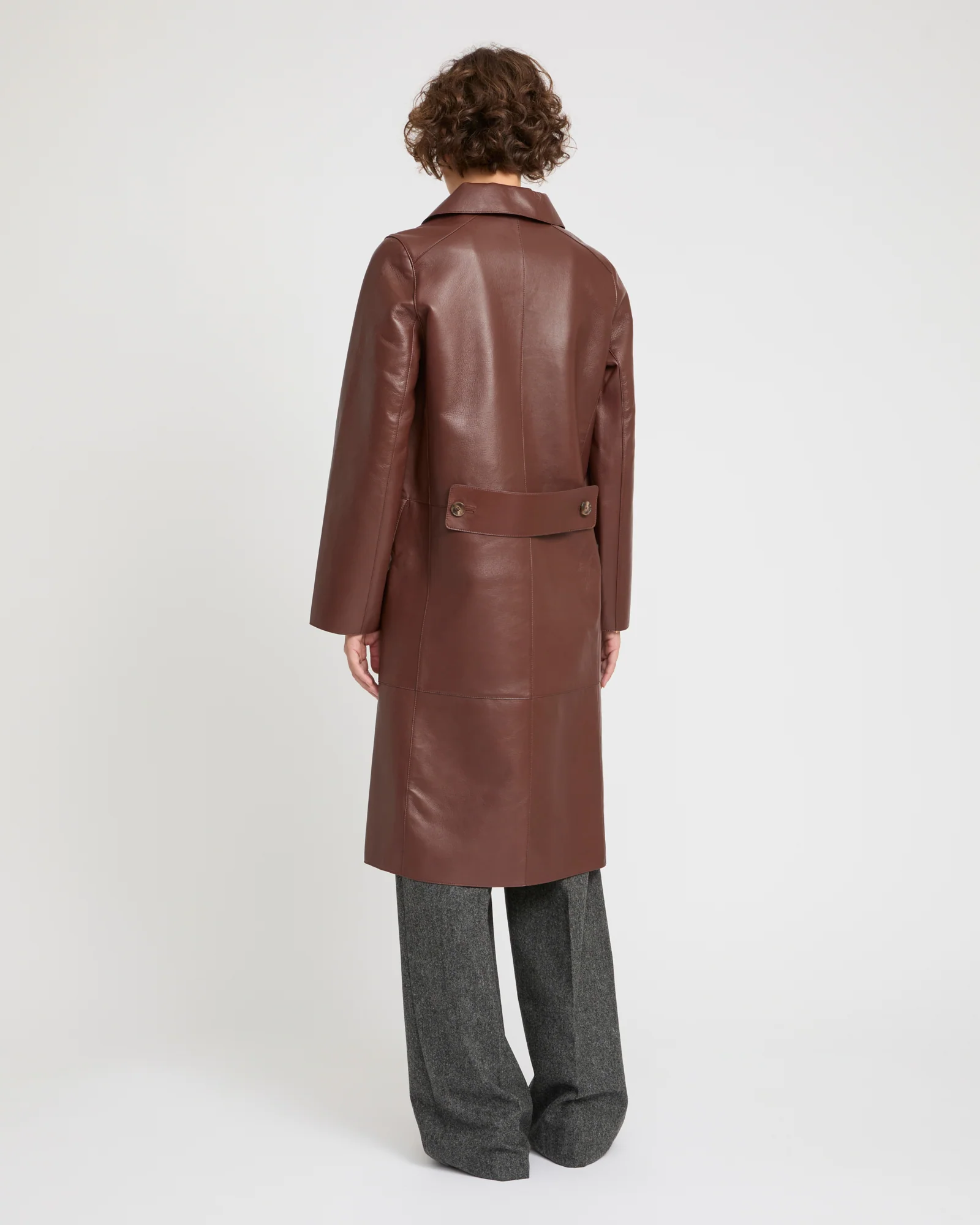 Manteau trench en cuir d'agneau doublé tissu motif pied-de-poule - Image 4
