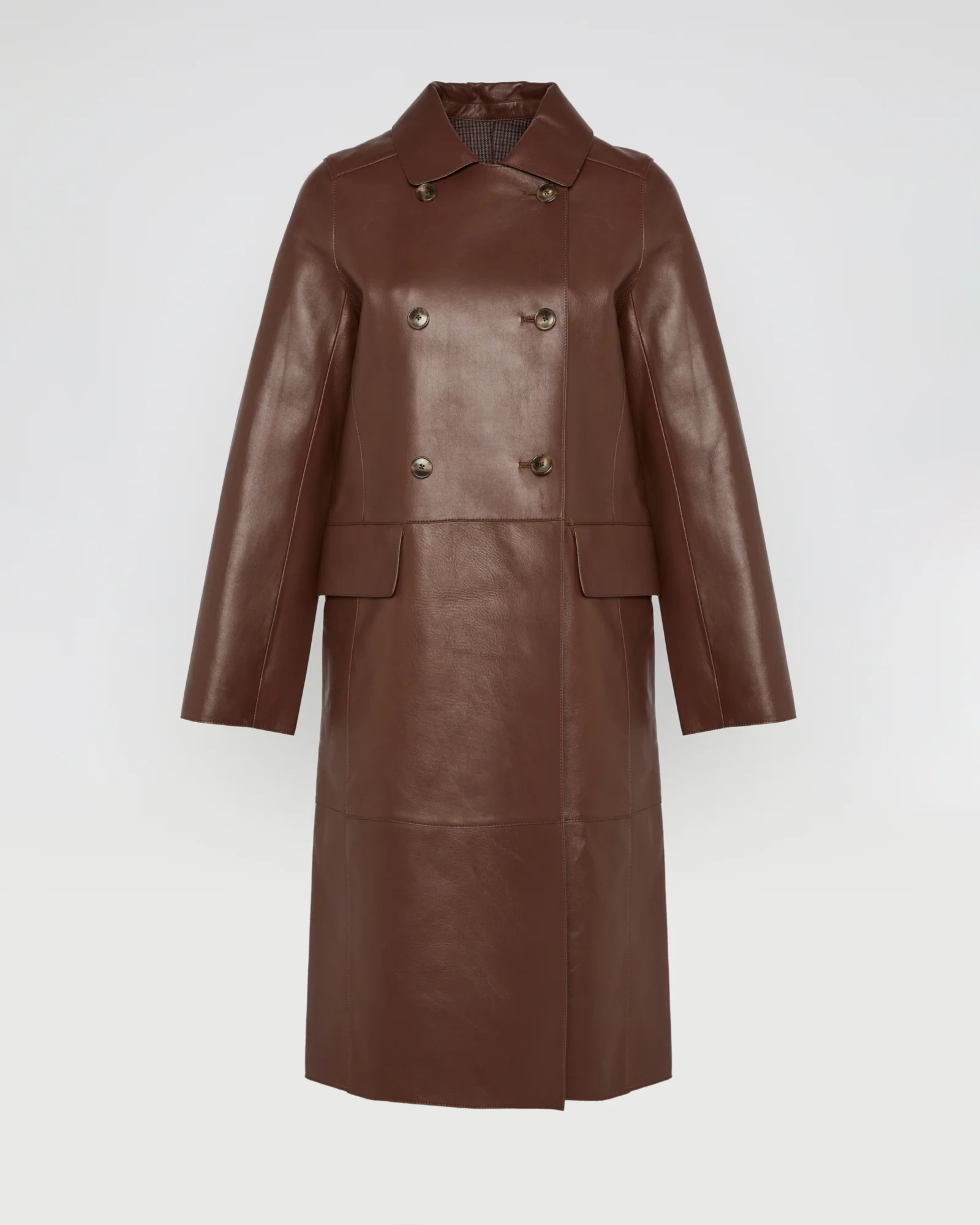 Manteau trench en cuir d'agneau doublé tissu motif pied-de-poule - Image 5
