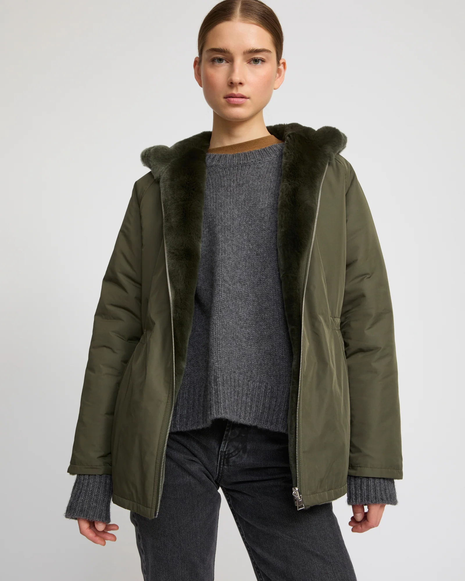 Parka à capuche réversible en tissu technique et lapin rex - Image 3