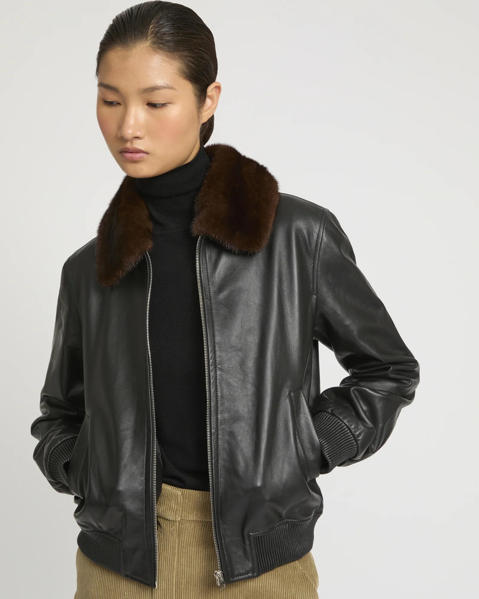Veste bomber en cuir d'agneau avec col amovible en fourrure de vison - Image 3