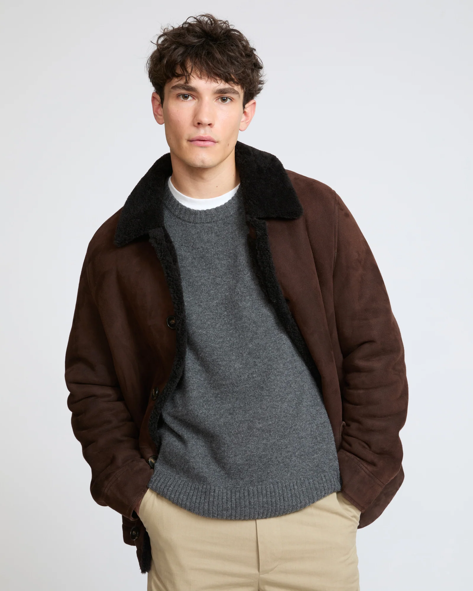 Veste en peau lainée d'agneau suède laine bouclée - Image 4