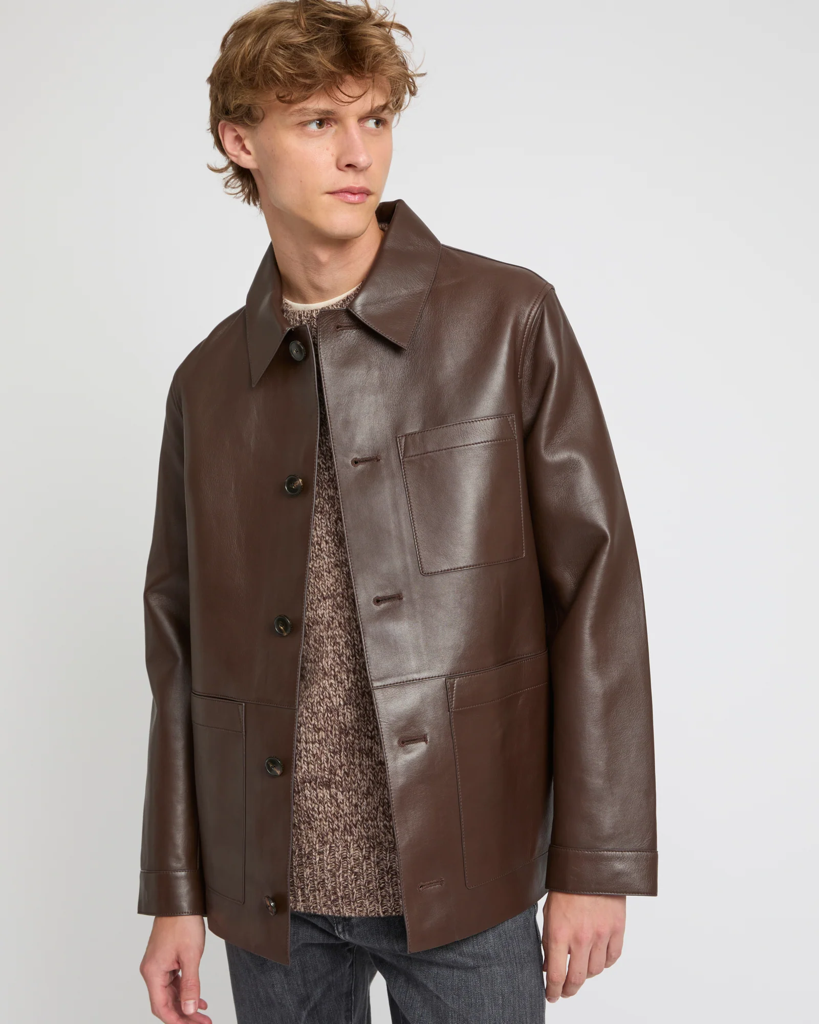 Veste style surchemise en cuir d'agneau doublé flanelle motif pied-de-poule - Image 3