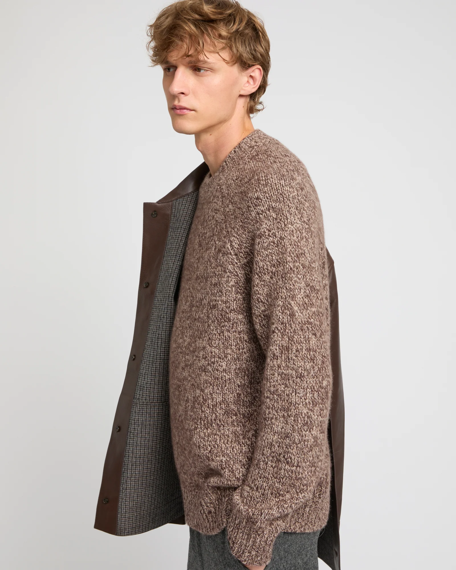 Veste style surchemise en cuir d'agneau doublé flanelle motif pied-de-poule - Image 4