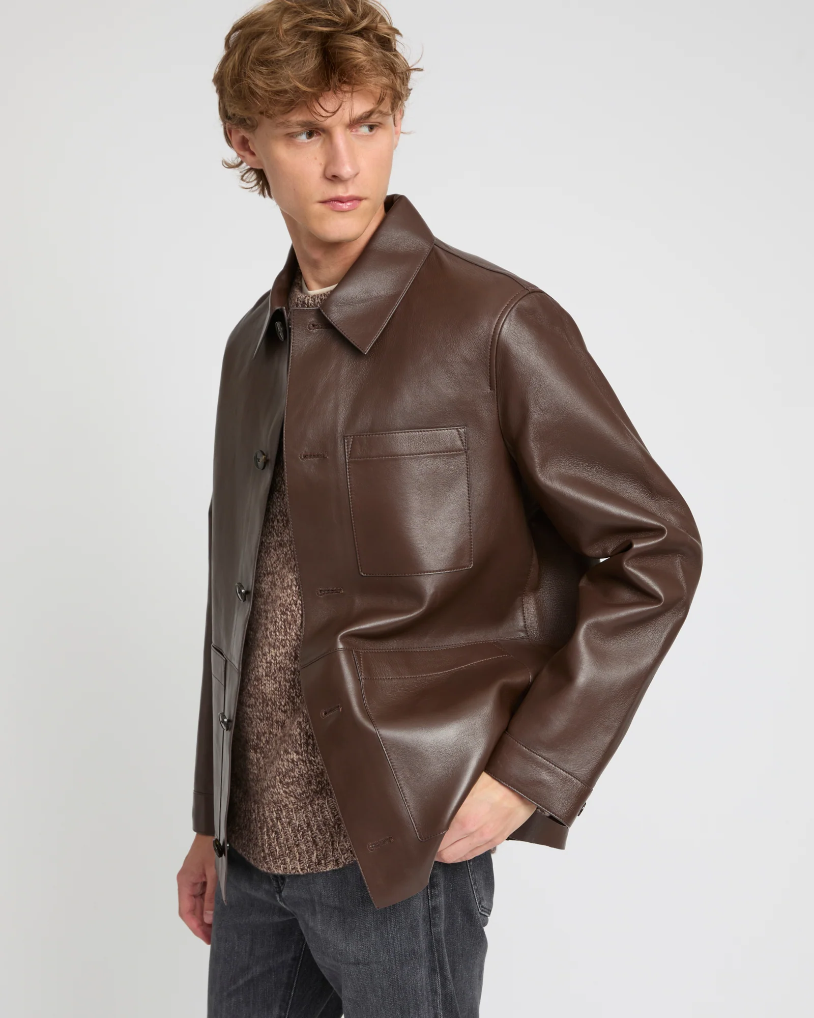 Veste style surchemise en cuir d'agneau doublé flanelle motif pied-de-poule - Image 5