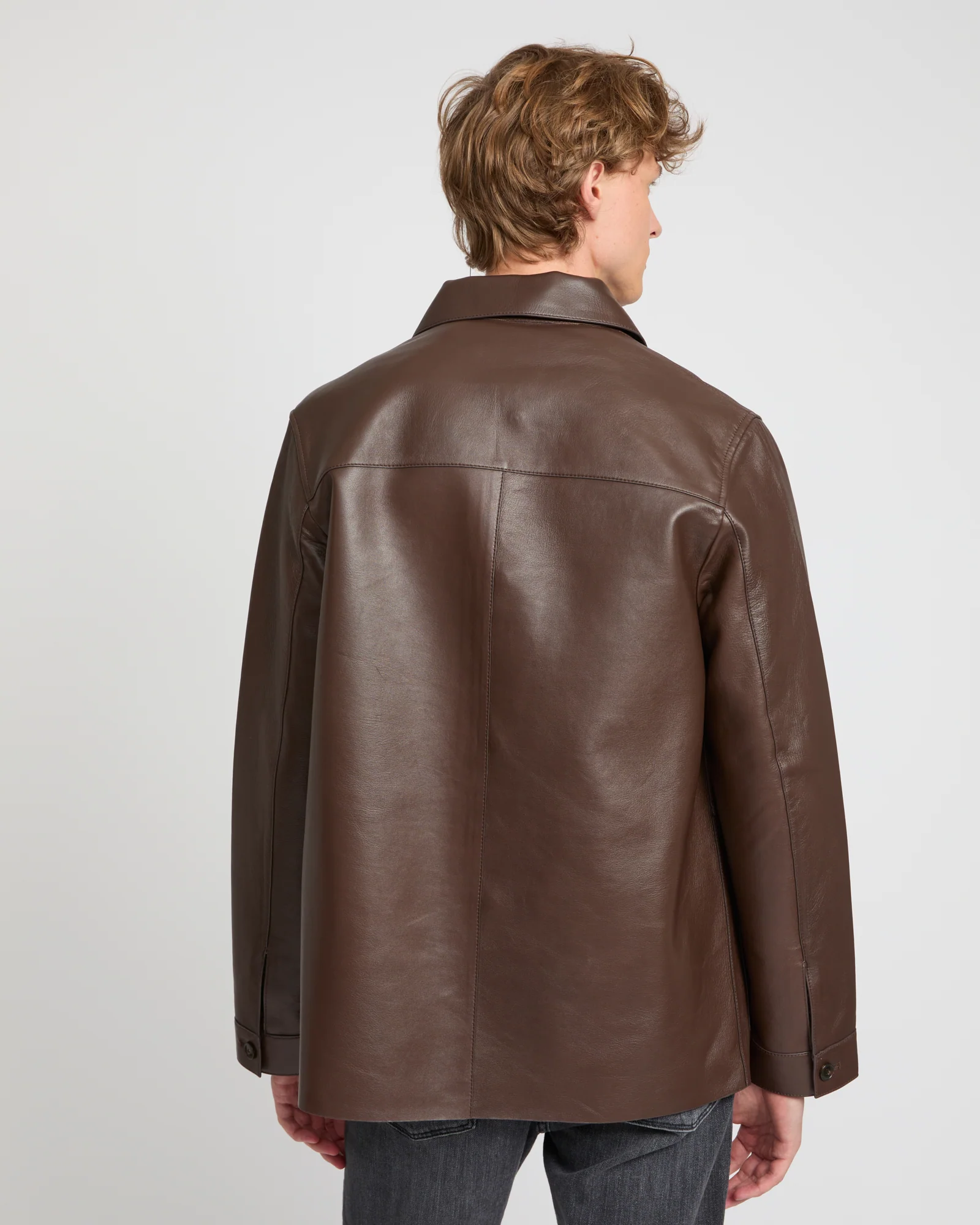 Veste style surchemise en cuir d'agneau doublé flanelle motif pied-de-poule - Image 6