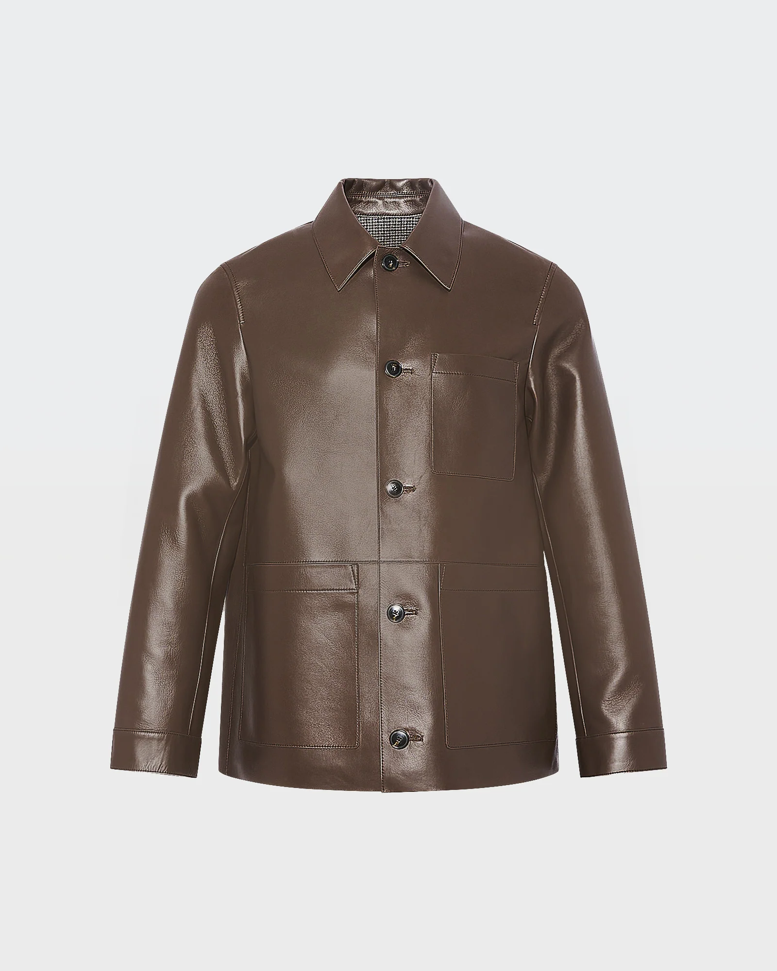 Veste style surchemise en cuir d'agneau doublé flanelle motif pied-de-poule - Image 7
